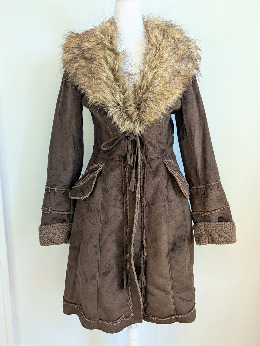 Powder River Outfitters Faux Suede Fur Trim A Line Trapper Coat Brown Shearling